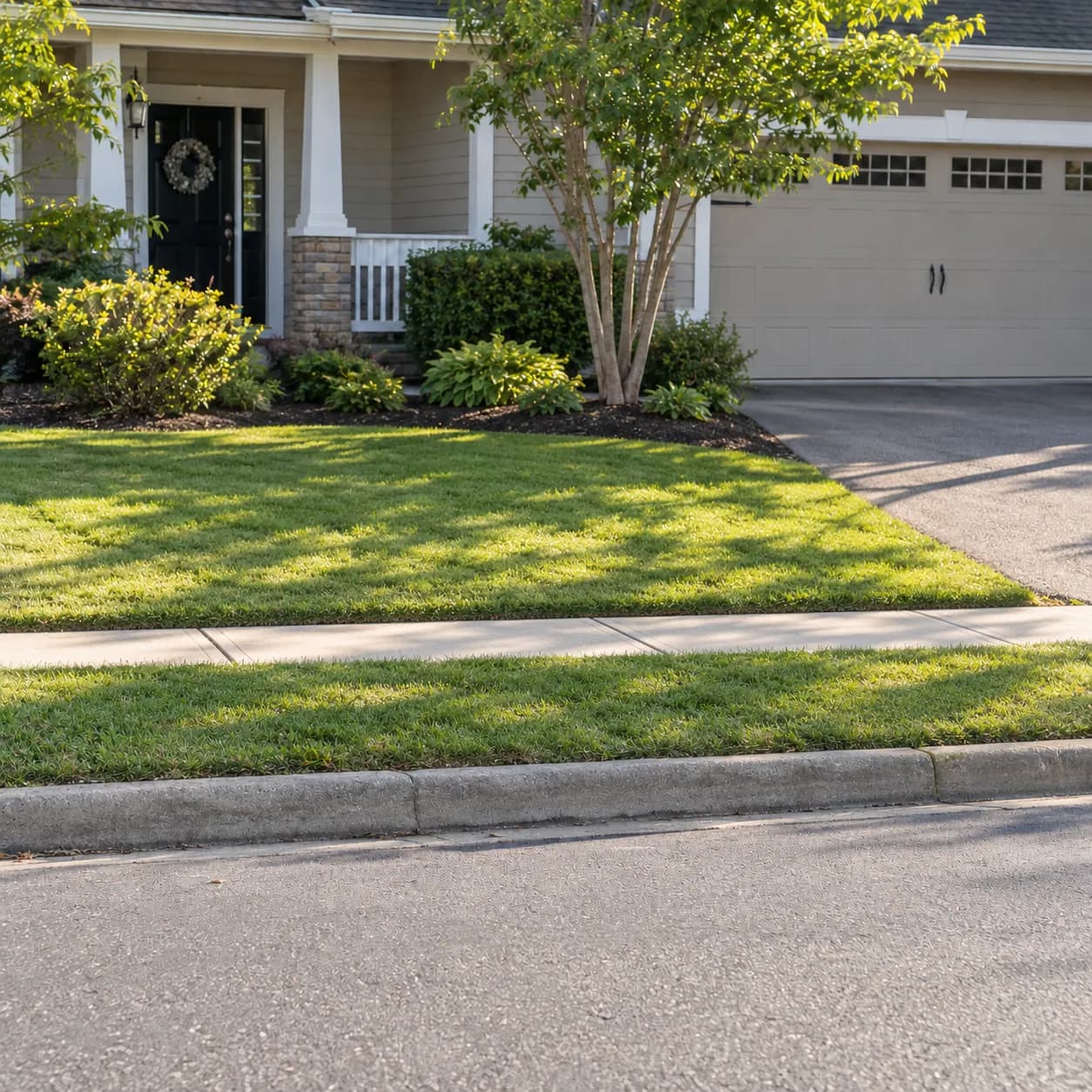 The same Plano curb completely cleared, with only mown grass and a clean driveway left