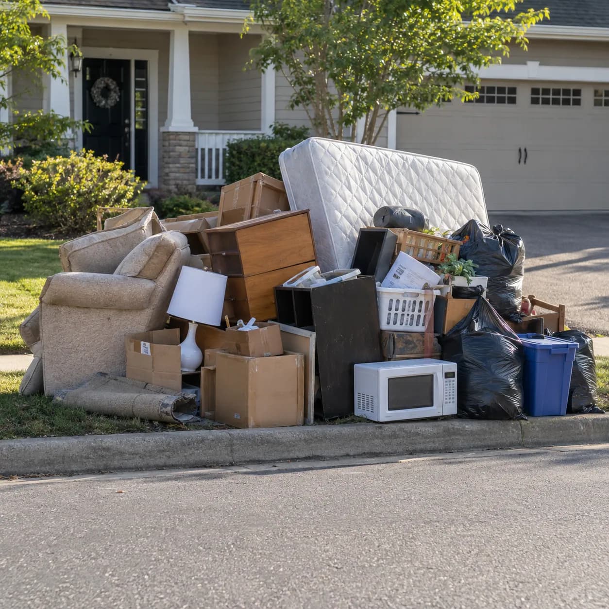 A large curbside pile of a sofa, mattress, boxes and bagged household junk outside a Plano home
