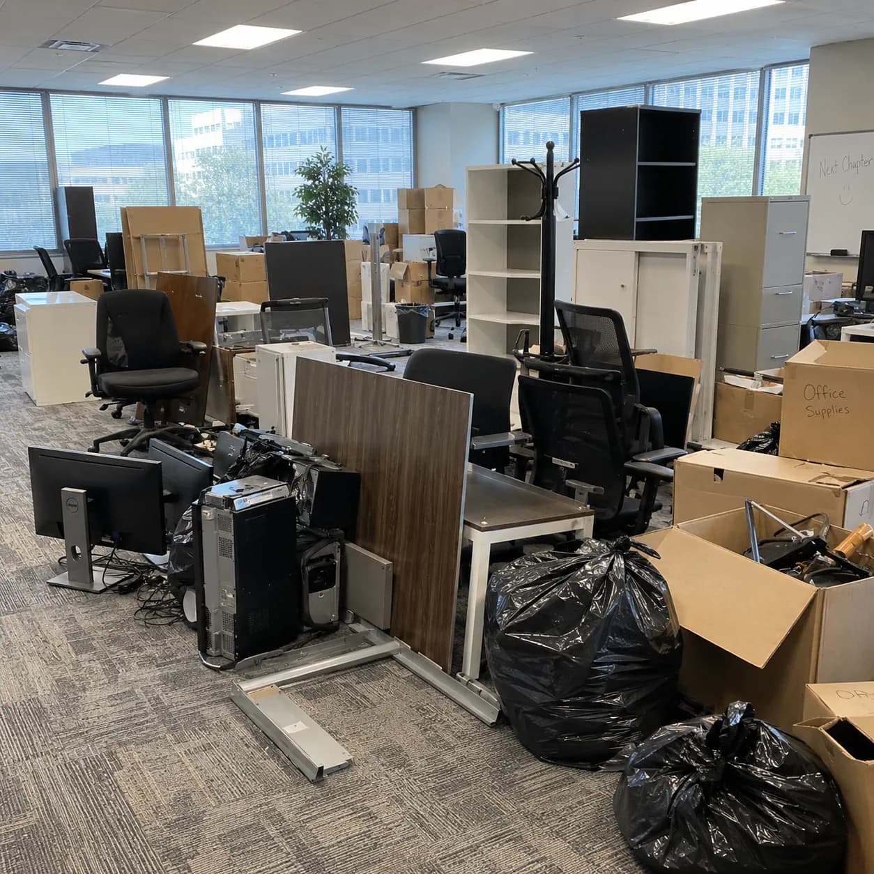 A vacated Plano office suite full of task chairs, monitors and desking left behind by a tenant