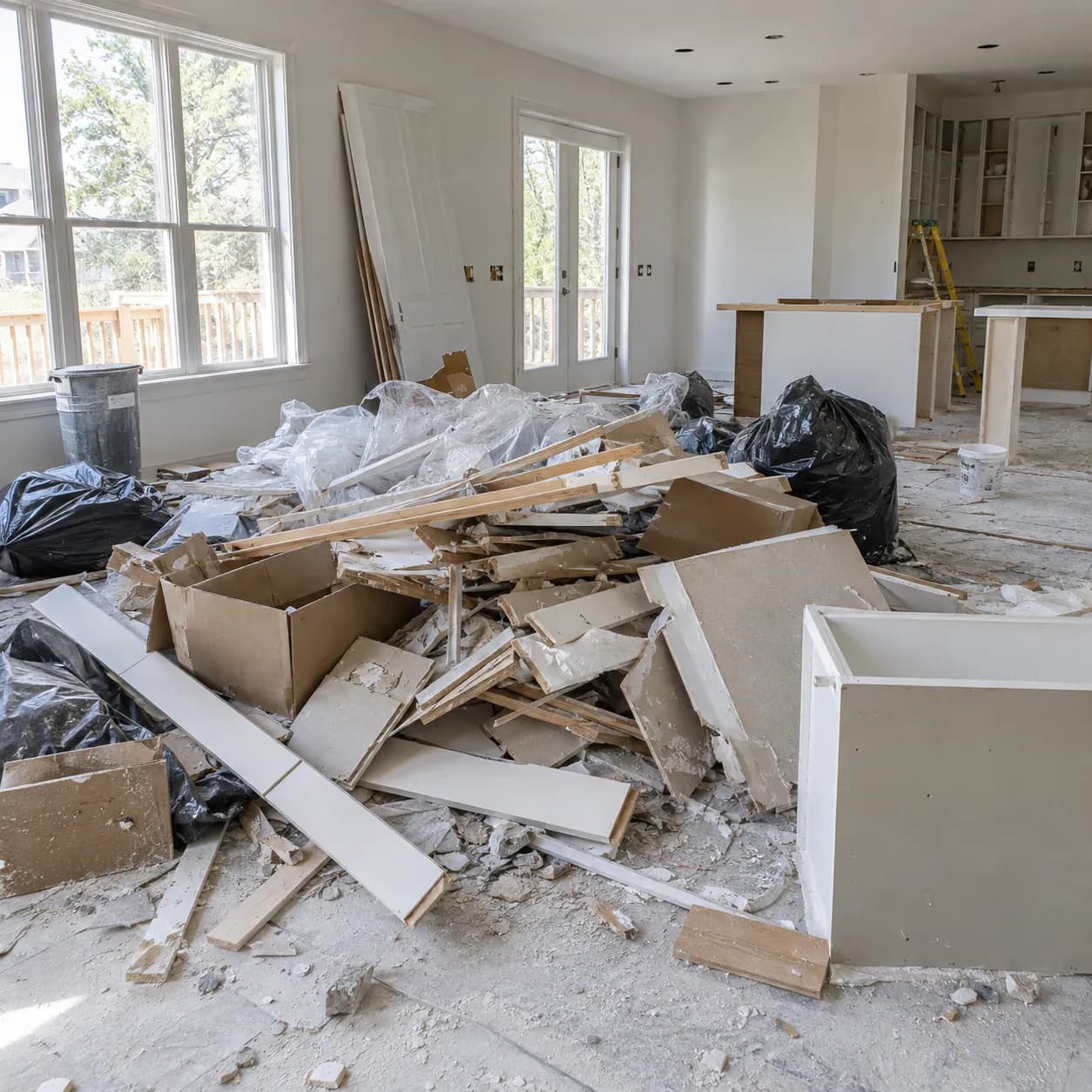 Renovation debris, drywall offcuts and packaging piled across a Plano living room floor before pickup