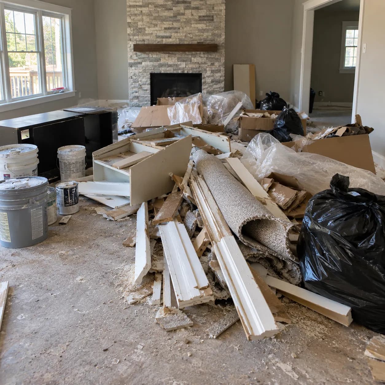 Rolled carpet, trim, drywall offcuts and debris bags in a home midway through a remodel