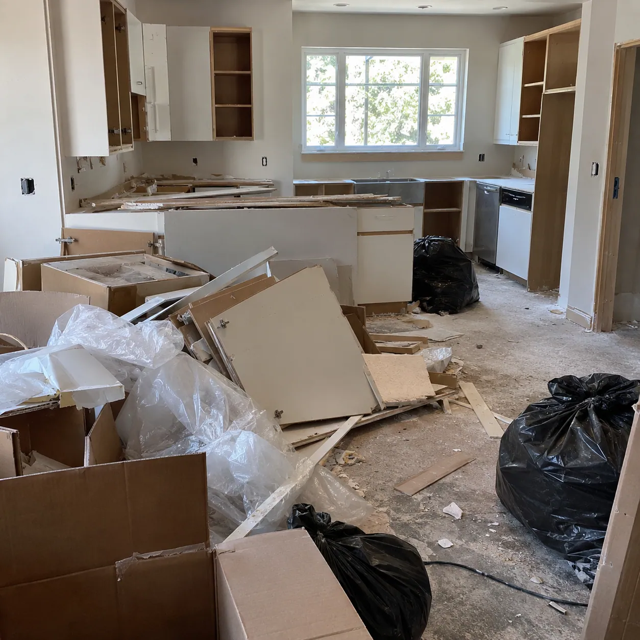 Torn-out kitchen cabinets, packaging and offcuts covering the floor of a kitchen mid-renovation
