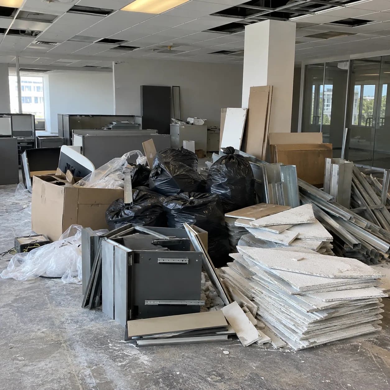 Ceiling tiles, drywall sheets and stripped fittings piled in an office undergoing refurbishment