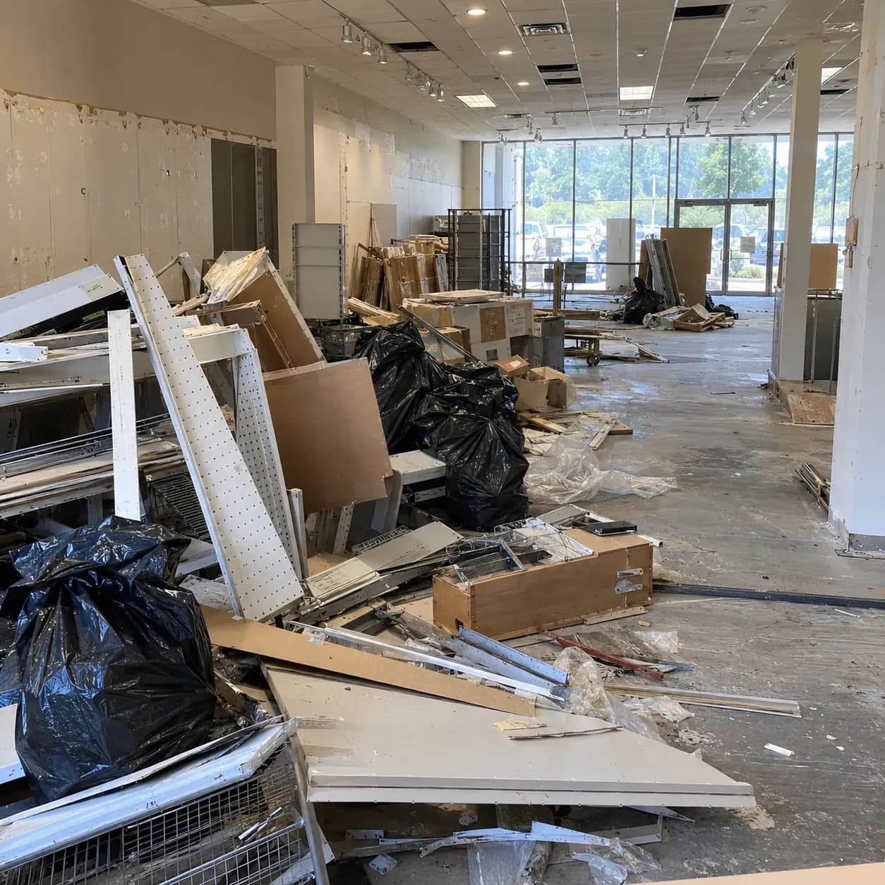 Drywall, lumber and framing offcuts stacked inside a retail unit during a build-out