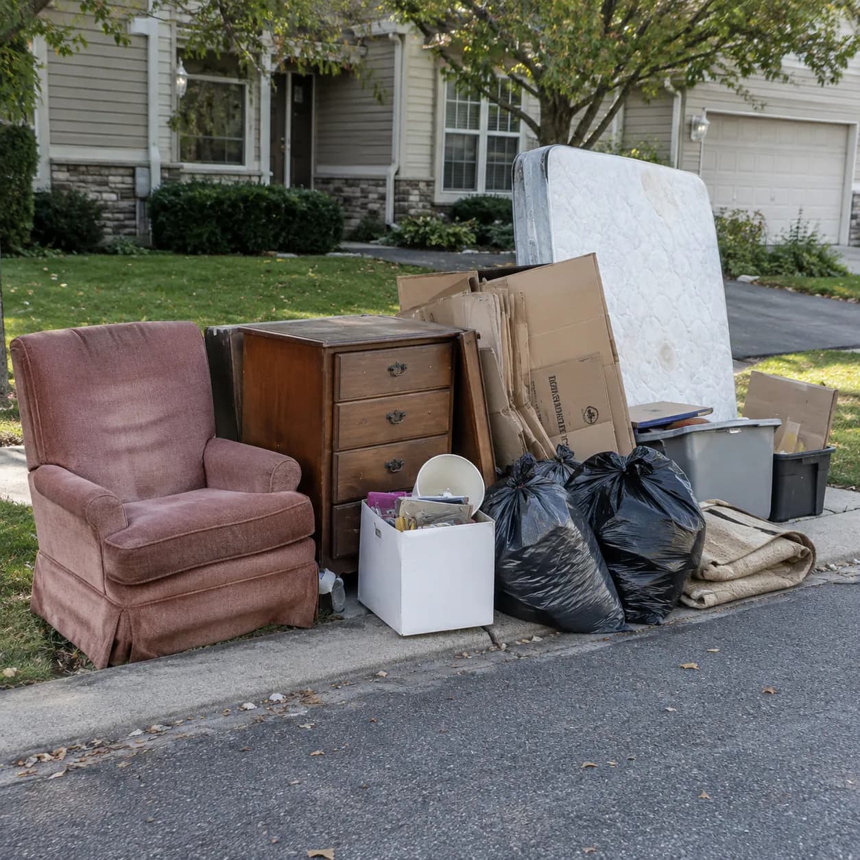 A curbside pile of a recliner, dresser, mattress and rubbish bags outside a suburban home