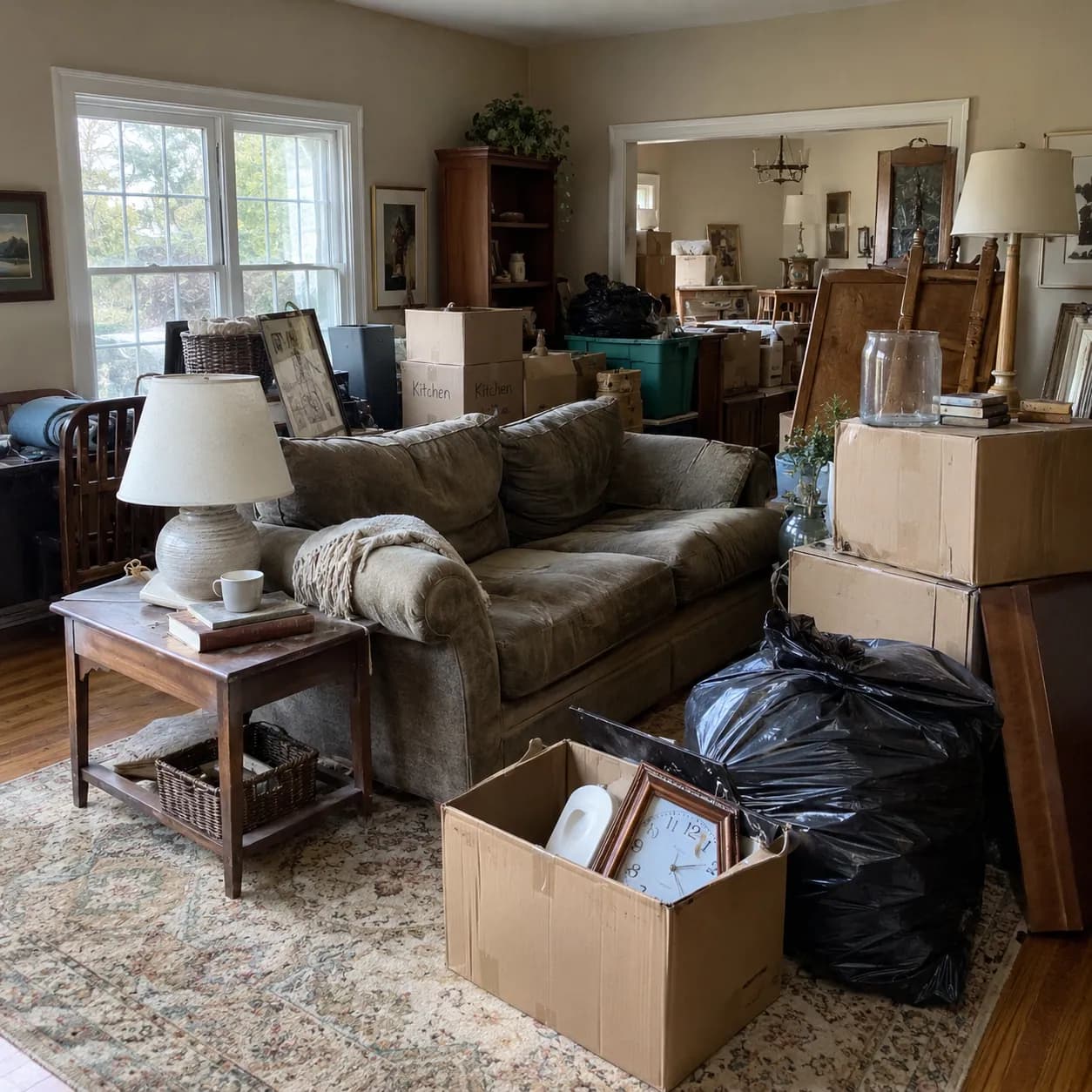 A living room crowded with a sofa, cabinet, lamps and packed boxes during an estate cleanout