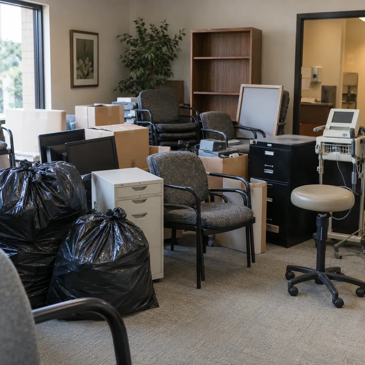 Office chairs, filing cabinets and equipment gathered in the middle of a vacated office