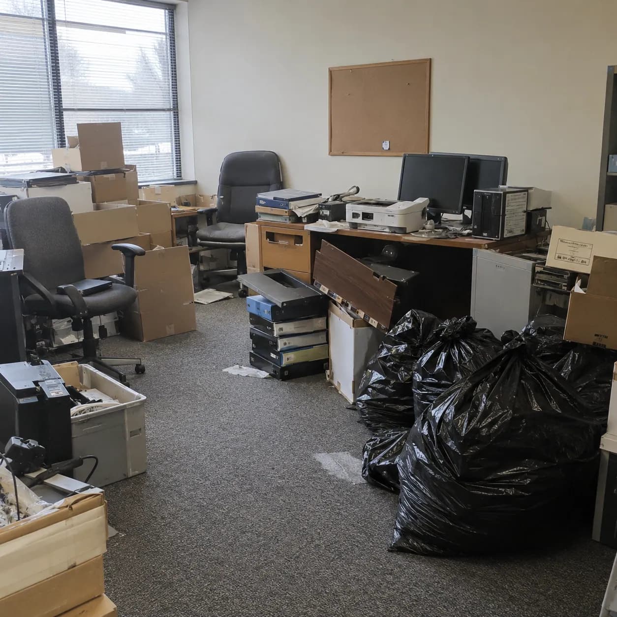 A vacated office with desks, monitors, printers and rubbish bags left behind