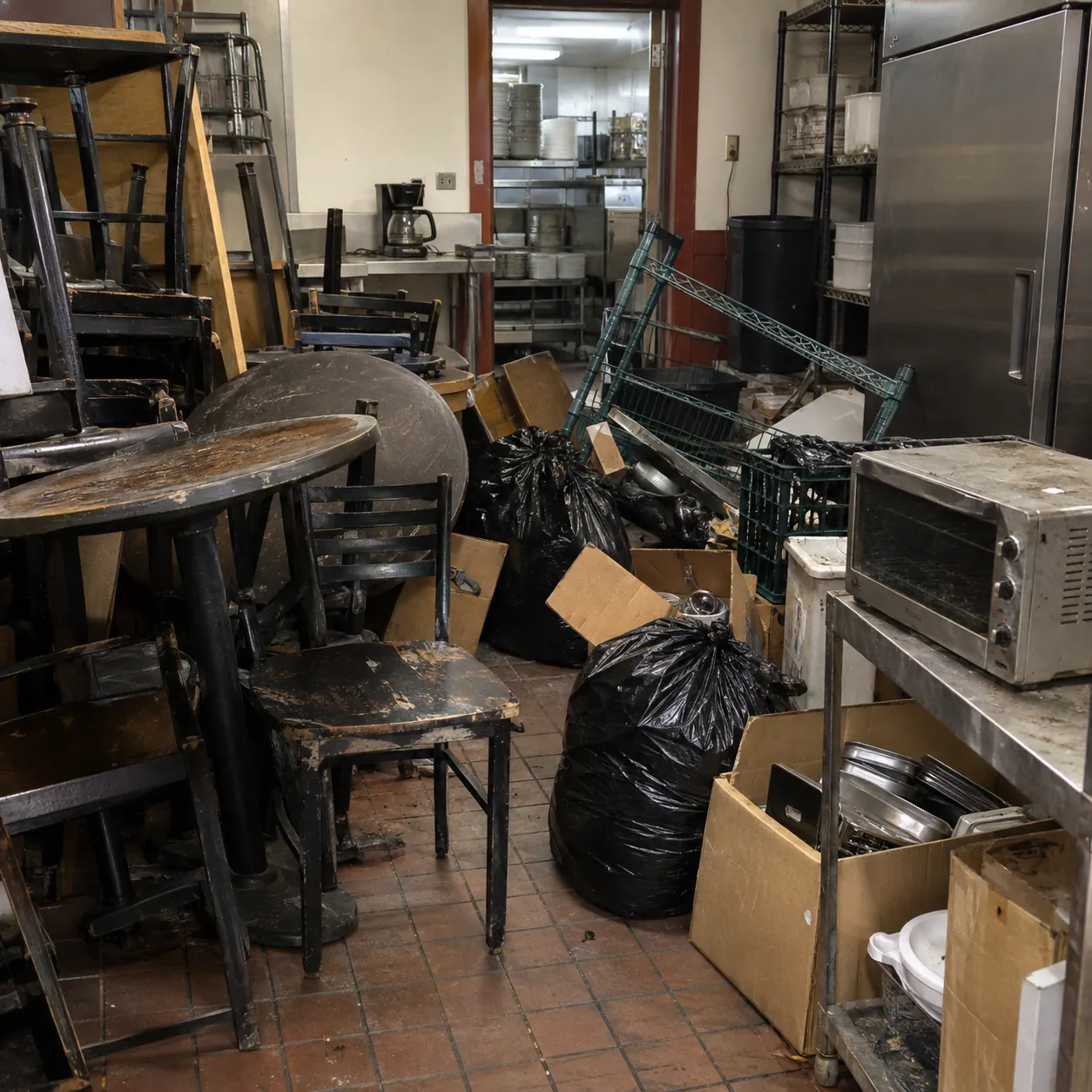Restaurant tables, chairs and kitchen equipment left behind in a closed dining room