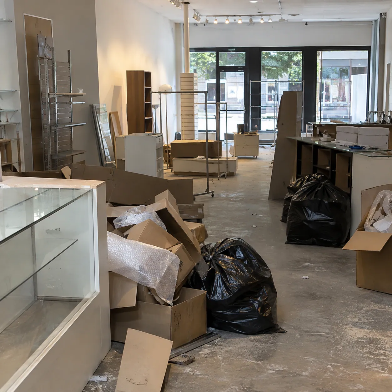 Glass display cases, shelving and fixtures left in a vacated retail storefront