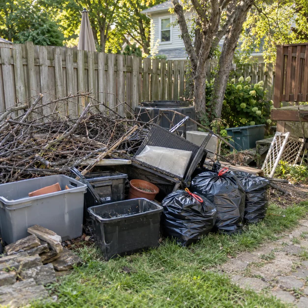 Yard waste, broken timber, bins and bagged debris piled beside a back garden fence