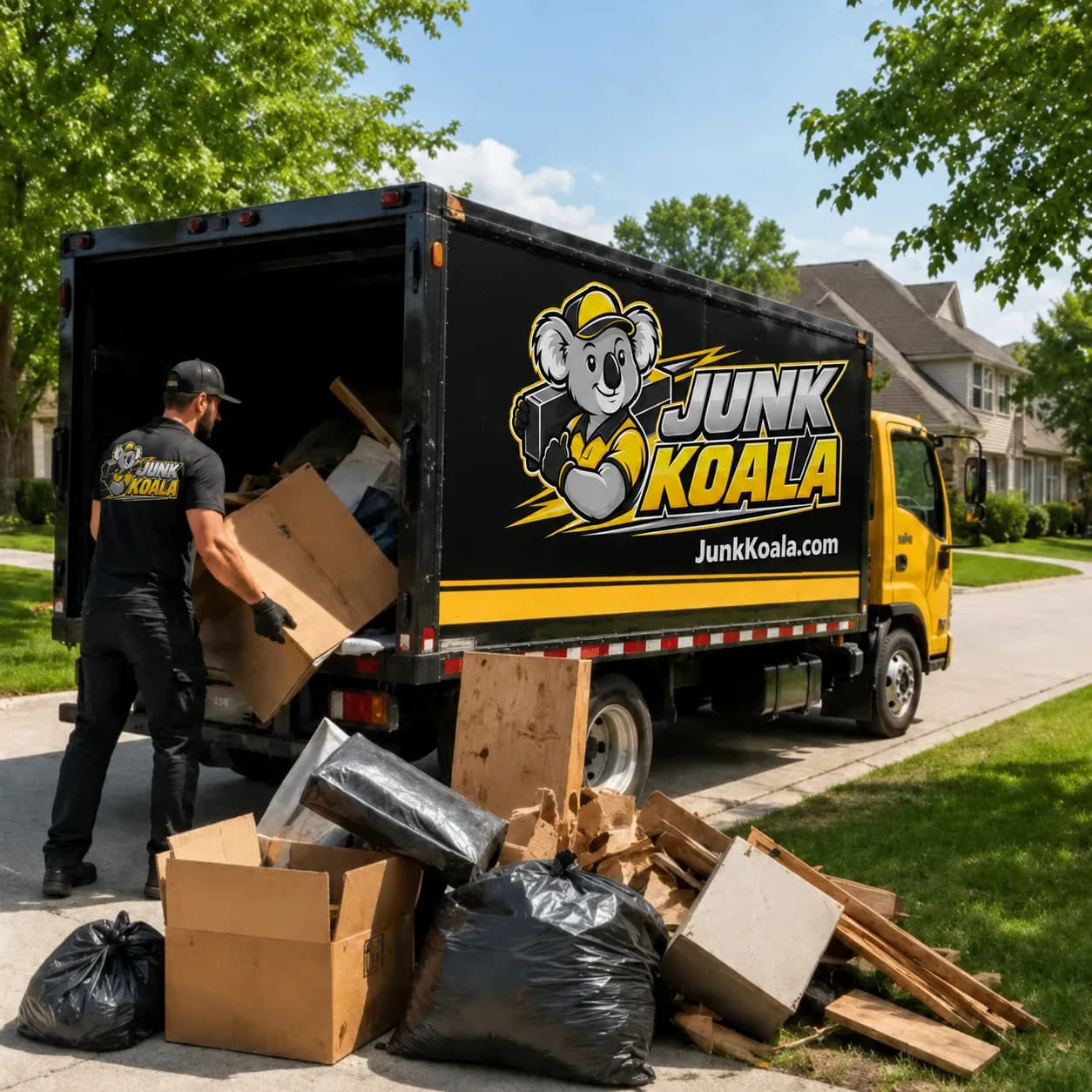 A crew member lifting a bin into a Junk Koala truck beside a curbside pile of boxes and timber