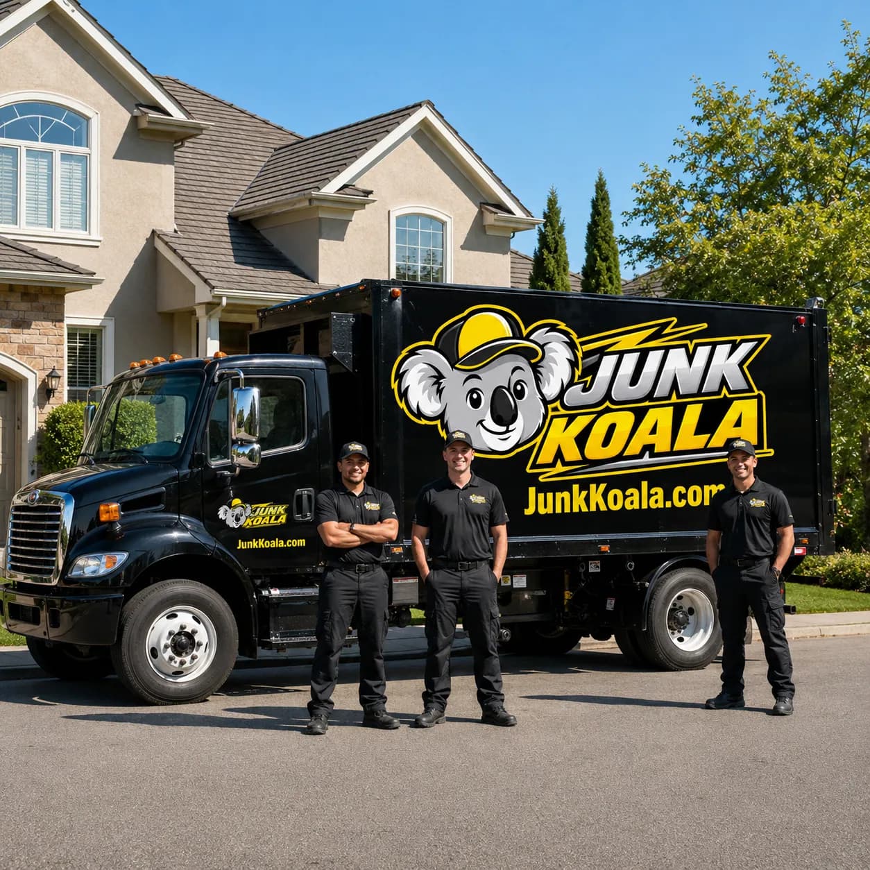 A Junk Koala truck and crew of three in the driveway of a two-storey home