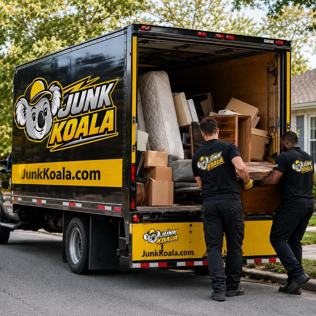 A crew member loading boxes and a mattress into the back of a Junk Koala box truck