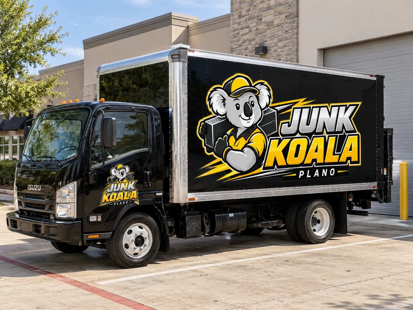 The Junk Koala Plano box truck waiting on a brick driveway ready for a pickup