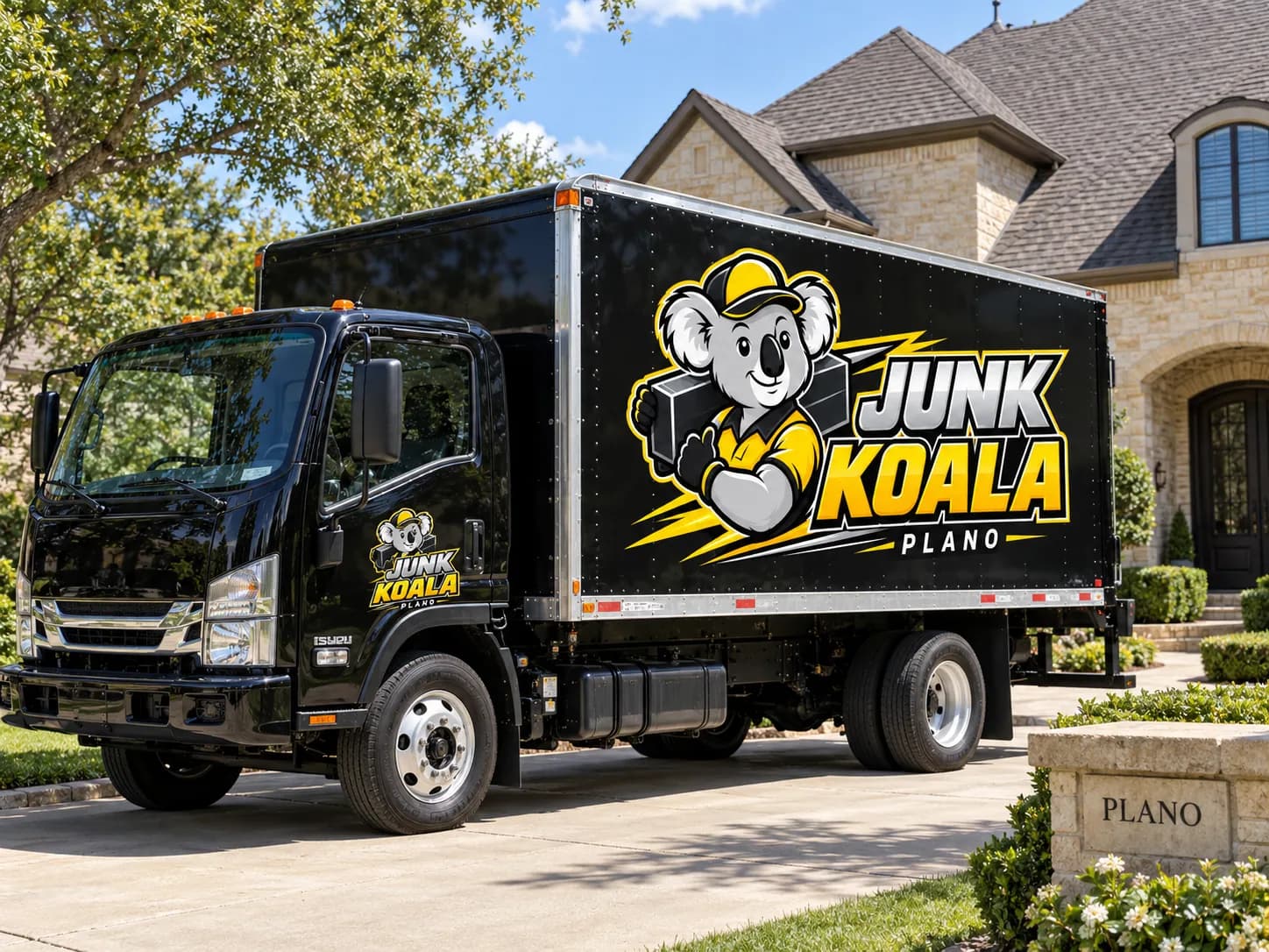 The Junk Koala Plano box truck parked on a residential Plano street