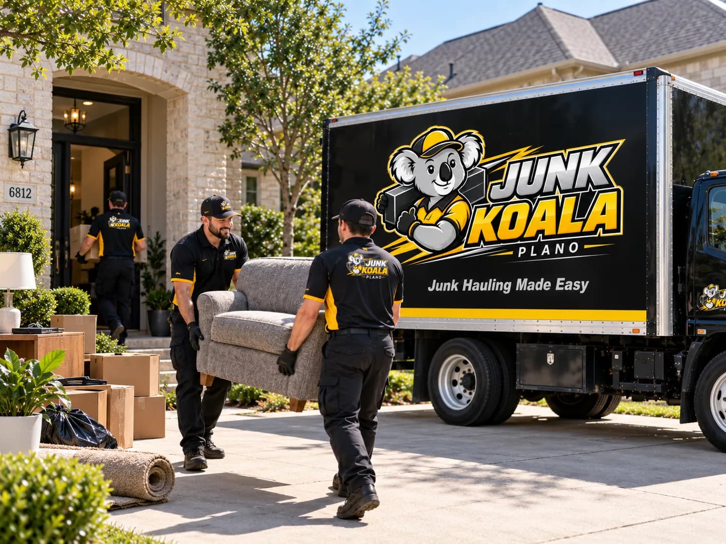 Two Junk Koala Plano crew members carrying an armchair and rolled carpet from a Plano home