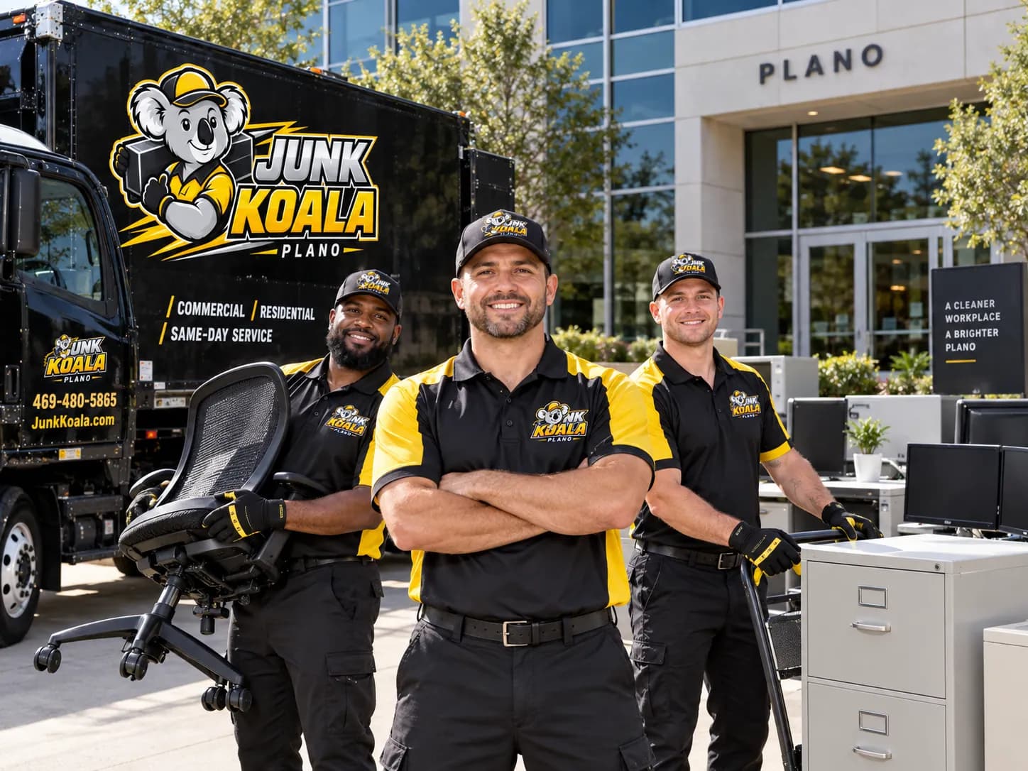 Junk Koala Plano crew with arms folded beside office furniture outside a Plano commercial property