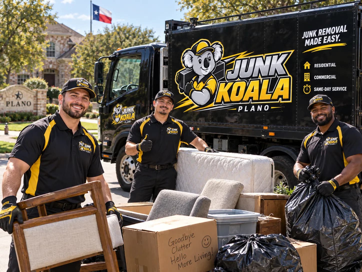 Junk Koala Plano crew beside a curbside load of furniture and boxes with a Texas flag behind them