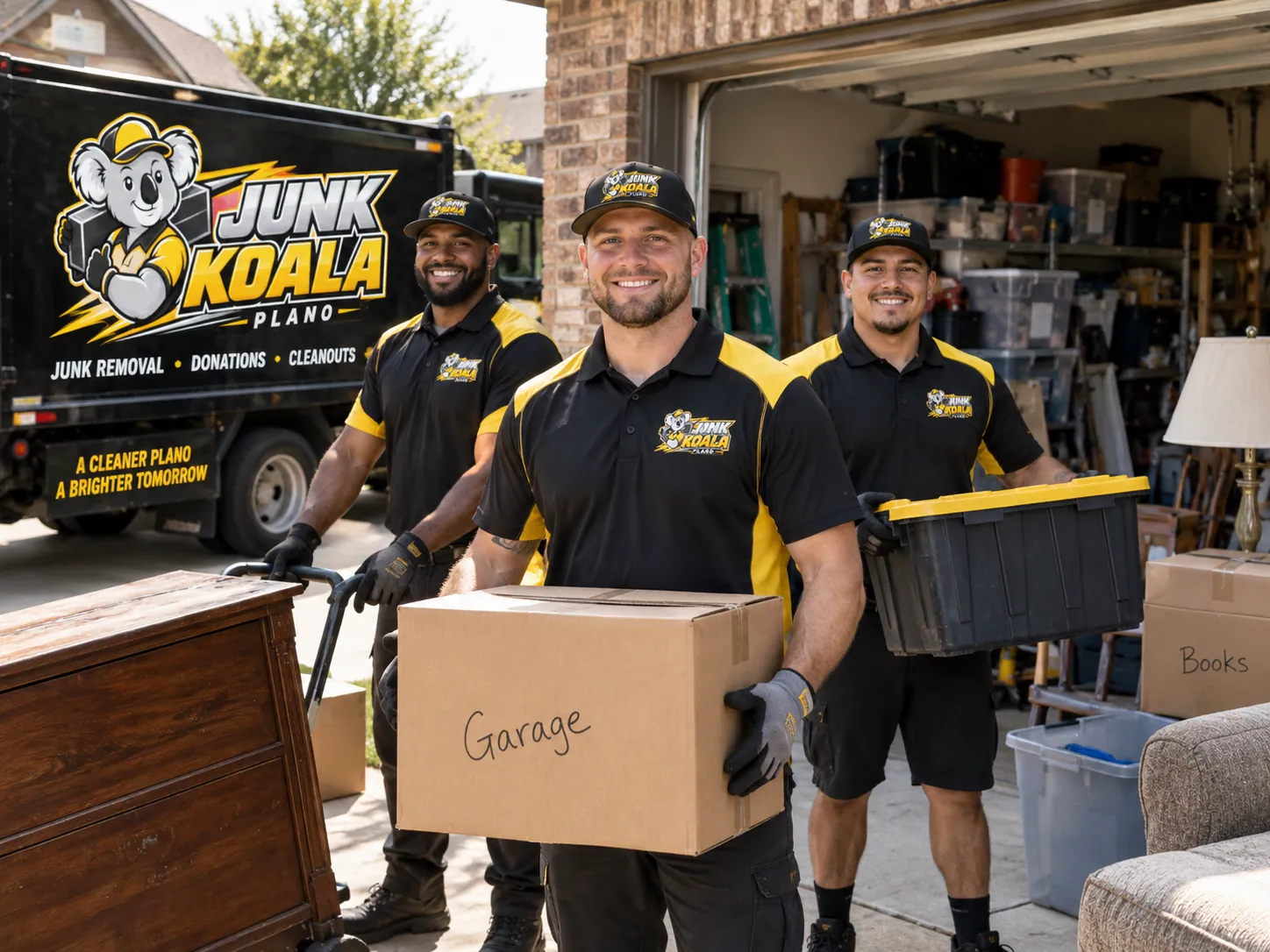 Smiling Junk Koala Plano crew carrying a box labelled Garage out of a Plano home