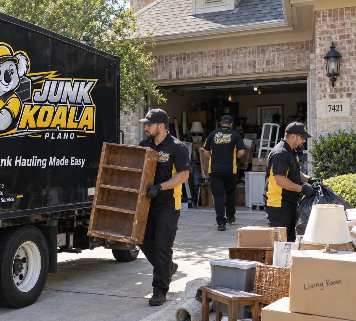 Junk Koala Plano crew clearing labelled boxes and furniture from a Plano garage