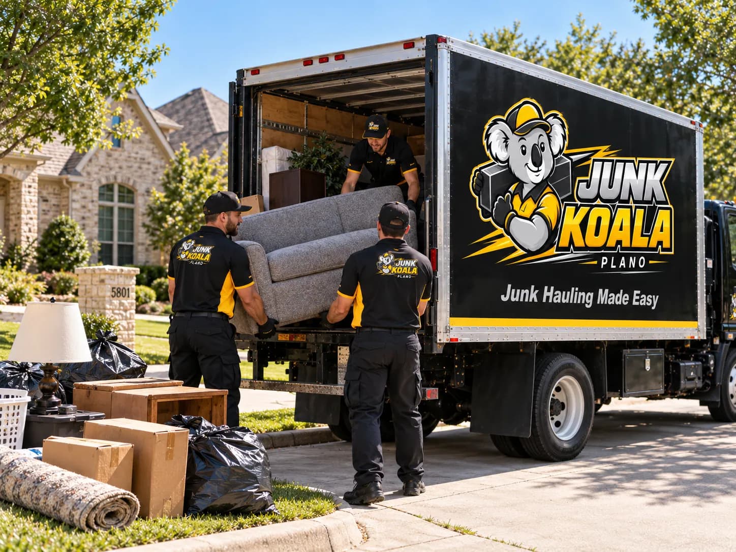 Junk Koala Plano crew lifting a sectional sofa into the back of the branded truck