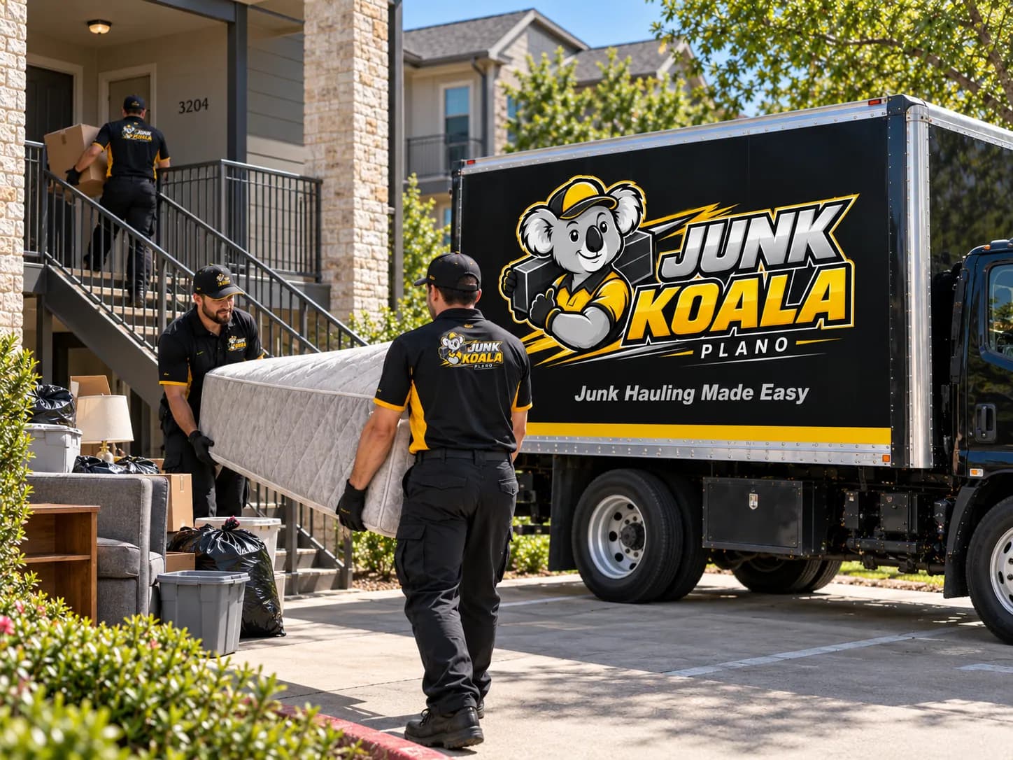 A Junk Koala Plano crew member carrying a mattress across an apartment community car park