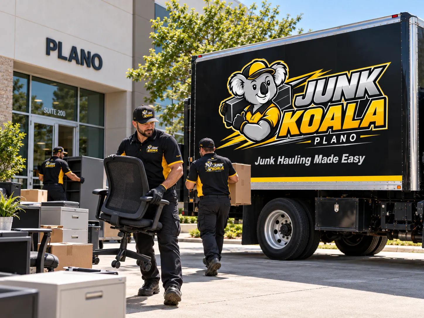 Junk Koala Plano crew removing an office chair and filing cabinet from a Plano commercial building