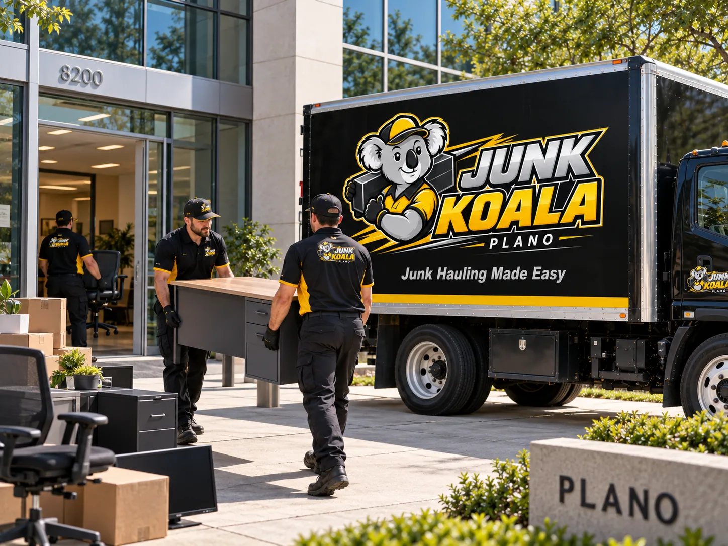 Junk Koala Plano crew carrying a desk and electronics from a glass-fronted Plano office