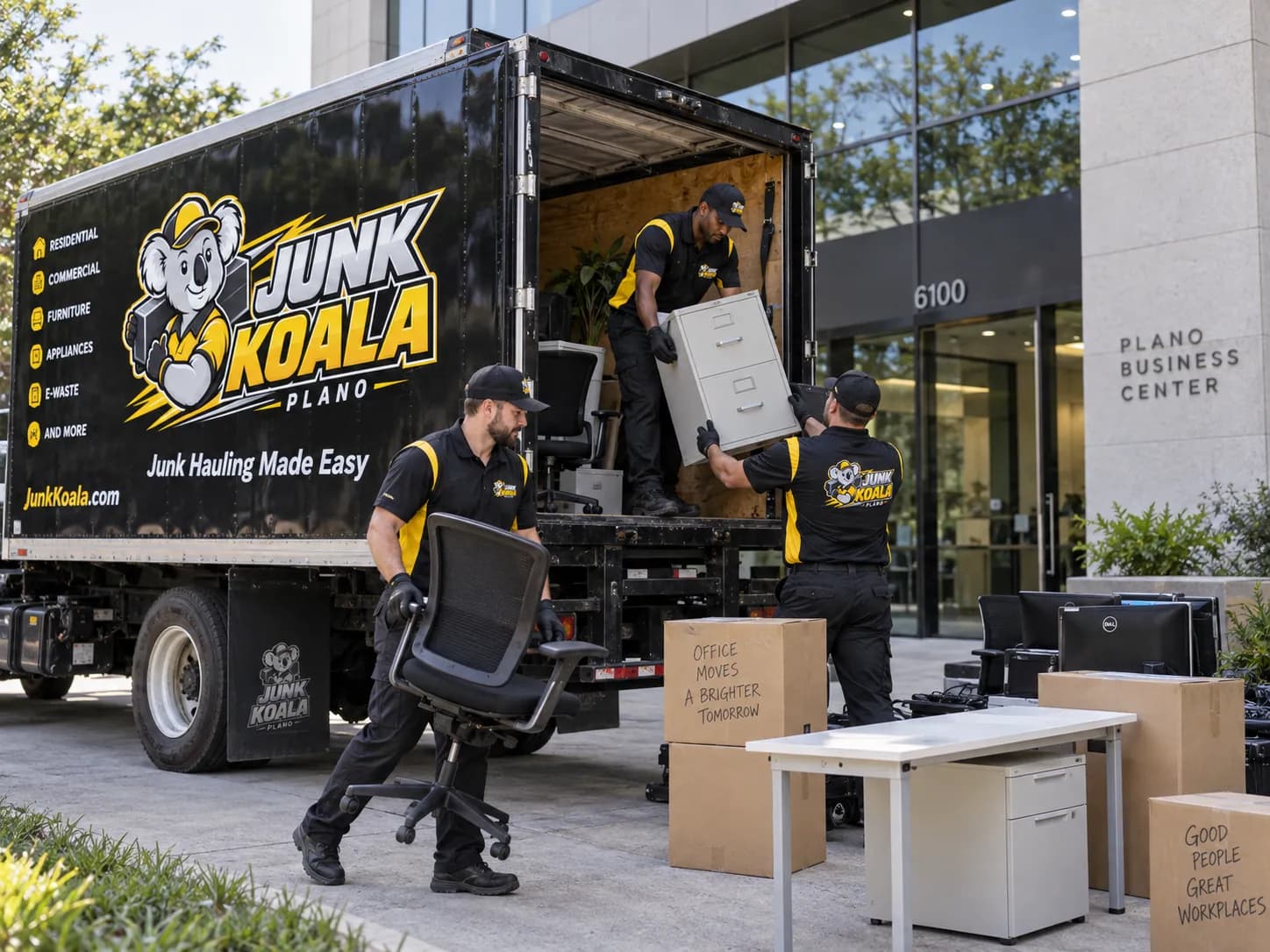 Junk Koala Plano crew loading office chairs and desking outside a Plano retail and office building