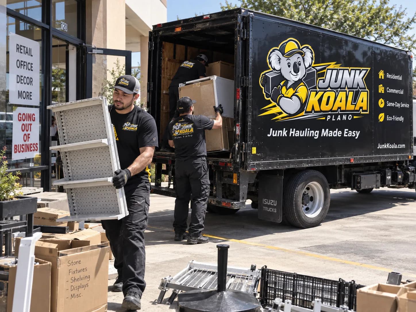 Junk Koala Plano crew loading metal shelving beside boxes sorted for donation and recycling