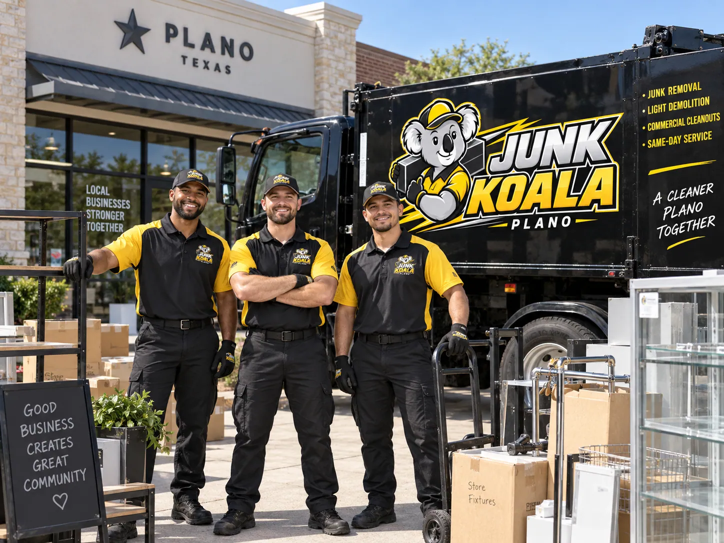 Junk Koala Plano crew standing with their truck in front of a Plano, Texas storefront