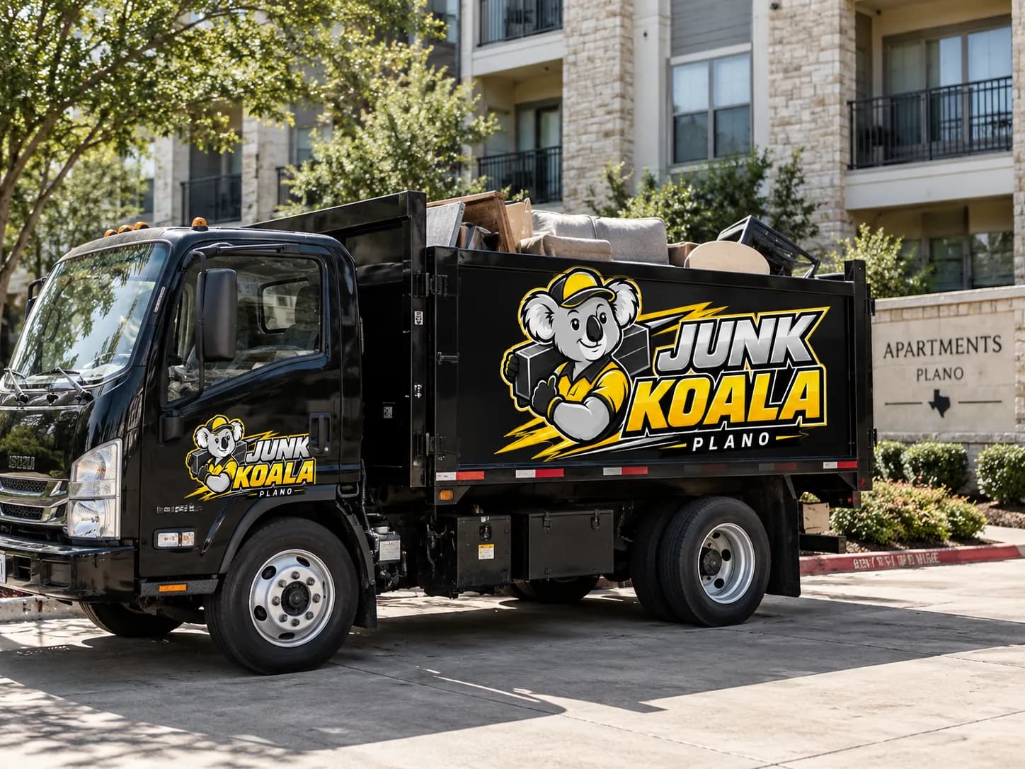A loaded Junk Koala Plano truck working at a Plano apartment community