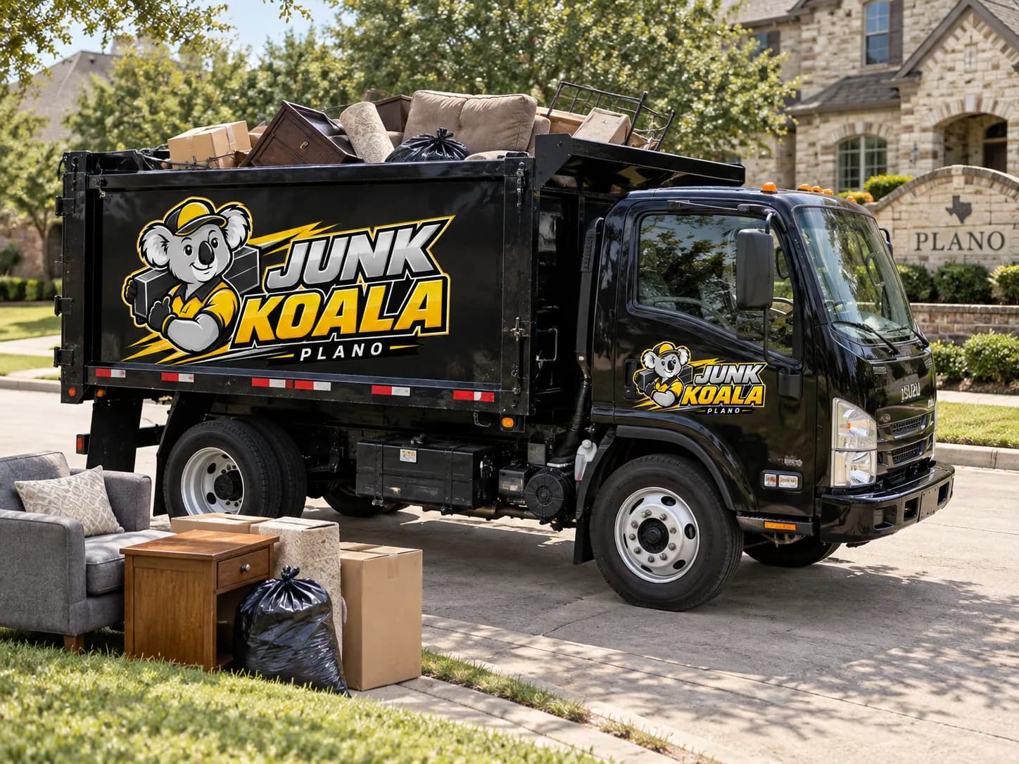 A loaded Junk Koala Plano truck outside a home with furniture and boxes at the curb