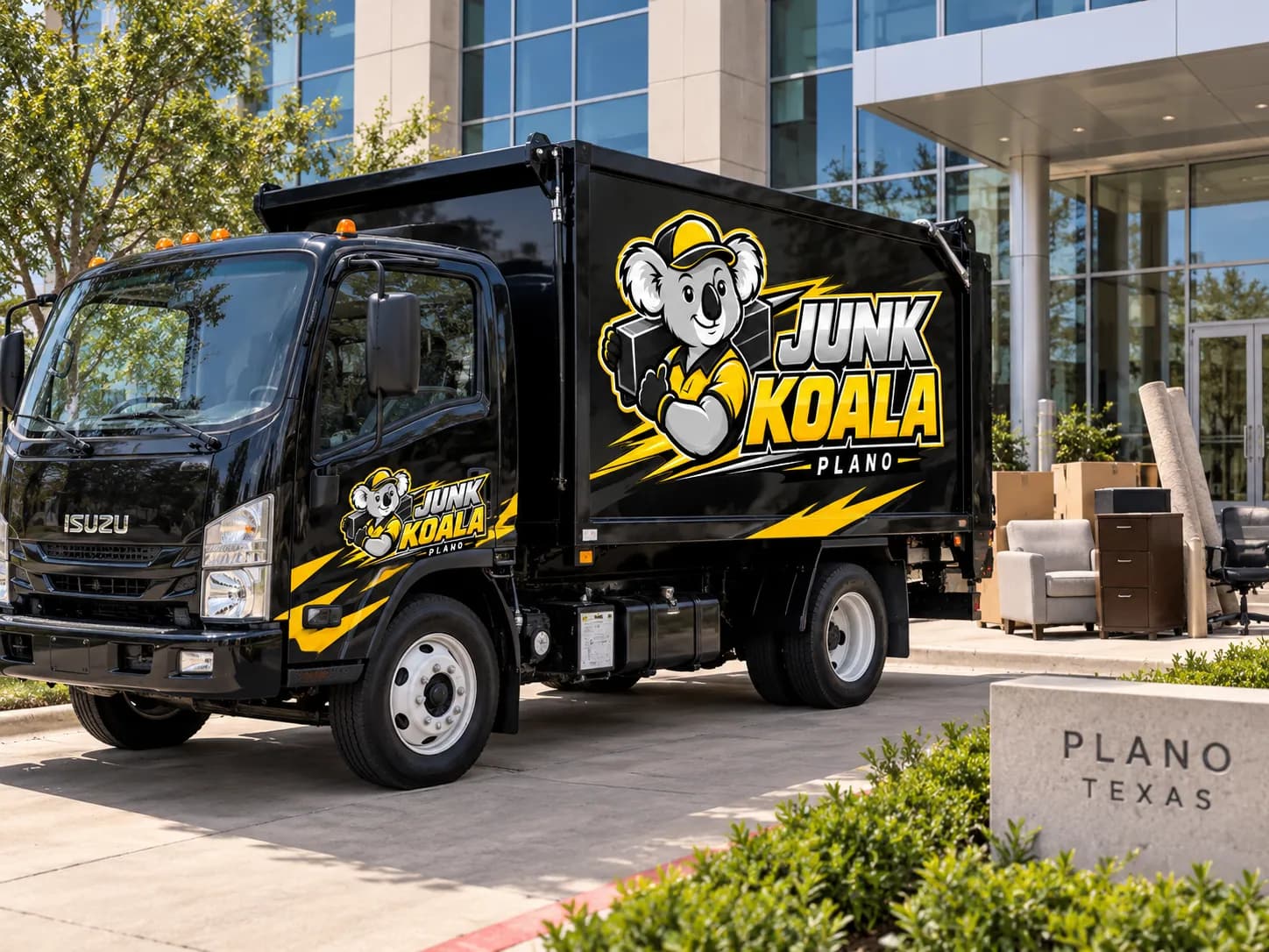 The Junk Koala Plano truck parked outside a modern Plano office building