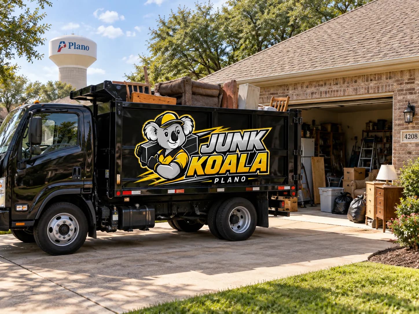 The Junk Koala Plano truck loaded outside a Plano home with the city water tower behind it